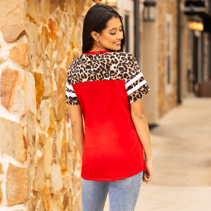 10545 - Half Sleeve Leopard Top with Stripes - Red