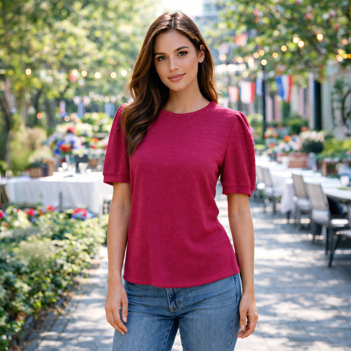 30074 – Solid Textured Top with Puffed Sleeves - Fuchsia