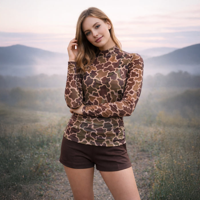 50242 – Brown Camouflage Long Sleeve Mesh Top with Mock Neck