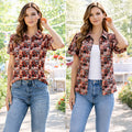 50254 – Western Print Mesh Button Down Top with Ruffle Sleeves