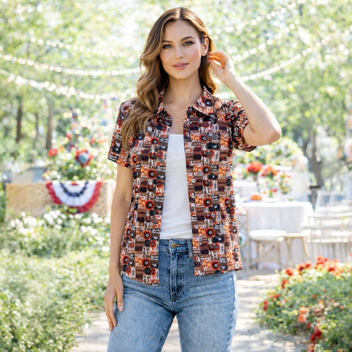 50254 – Western Print Mesh Button Down Top with Ruffle Sleeves