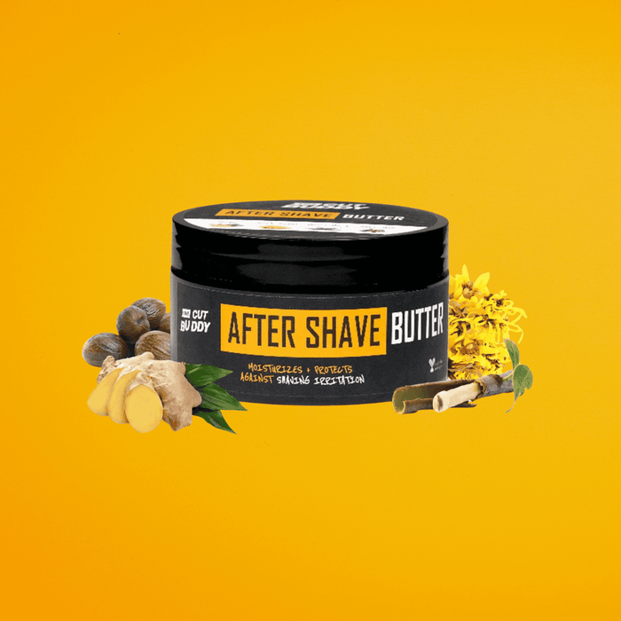 The Cut Buddy After Shave Butter jar, designed to moisturize and protect against shaving irritation.