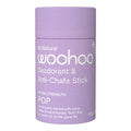 60g tube of Woohoo All Natural Deodorant & Anti-Chafe Stick in Pop. An extra-strength, 100% natural deodorant with a refreshing lime, grapefruit, and Australian kunzea scent. Provides all-day protection, tough on odour, and gentle on skin. Biodegradable, plastic-free, home compostable, and made with absorbent clays and powders to minimise wetness. Packaged in a purple cardboard tube.