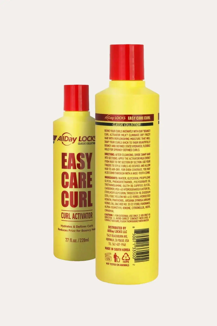 AllDay Locks Easy Care Curl Curl Activator – Lightweight Curl Defining Cream, front and back bottle view with label details