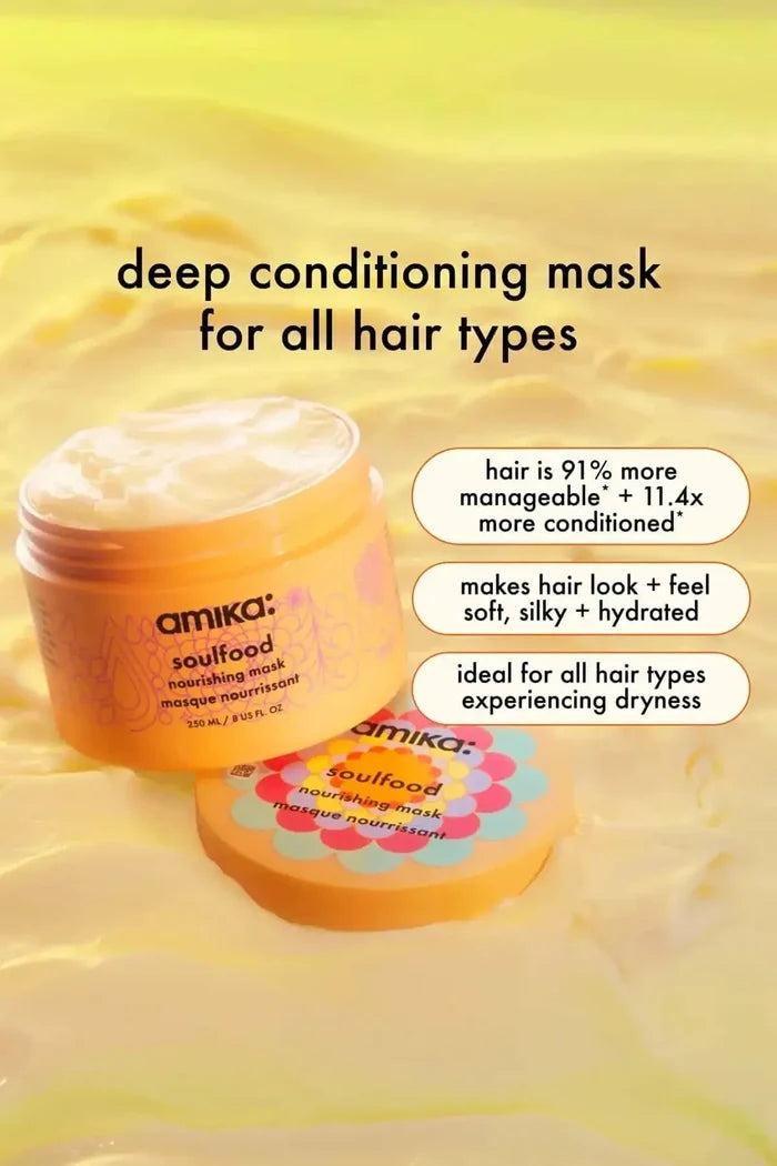 Infographic listing benefits of Amika Soulfood as a daily Hydrating Hair Mask for all hair types.