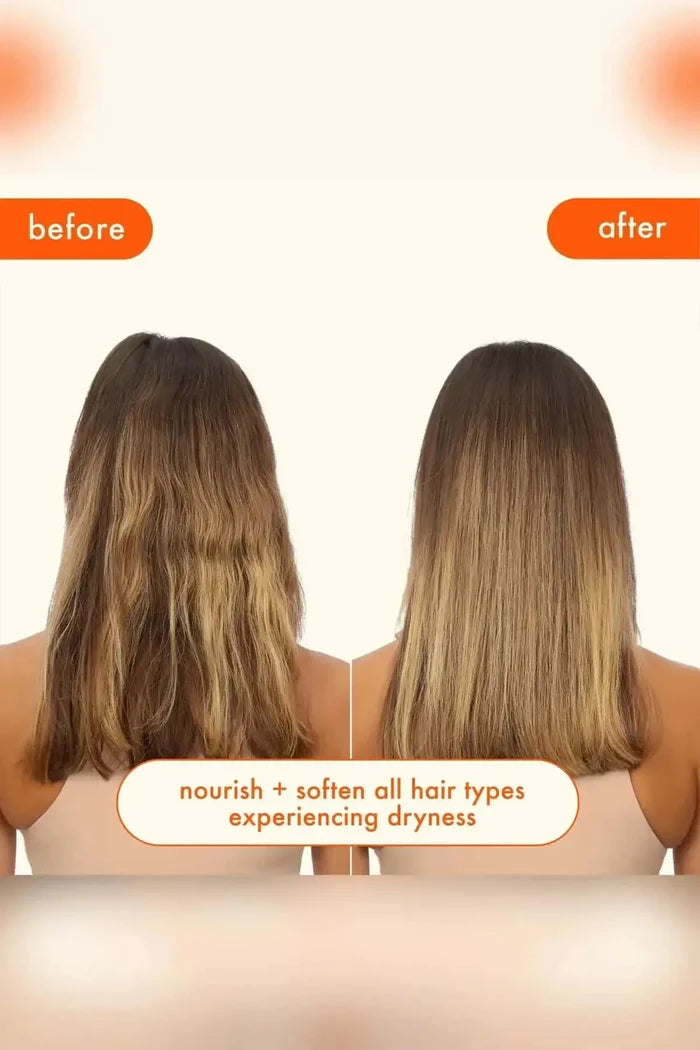 Before and after transformation showing how this Hydrating Hair Mask softens and nourishes dry hair.