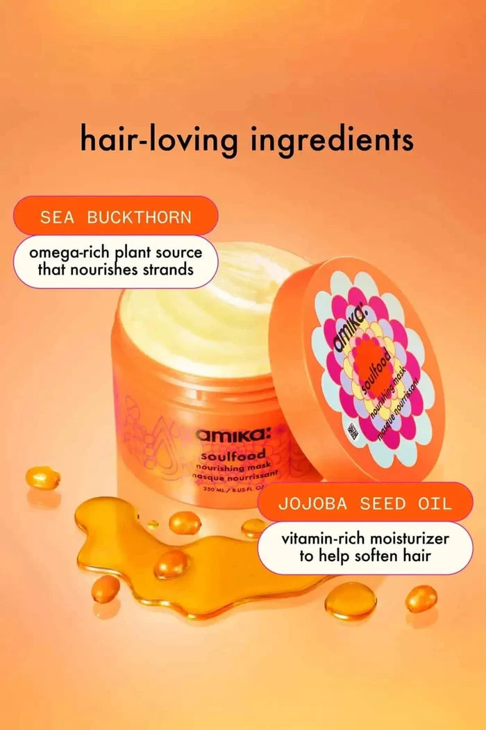 Key ingredients highlight featuring Sea Buckthorn and Jojoba Seed Oil in Amika Soulfood mask.