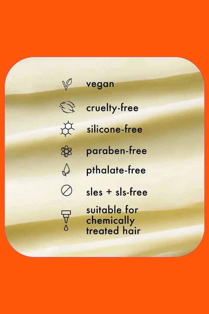 Icons indicating the vegan, cruelty-free, and safe formula of Amika Hydrating Hair Mask.