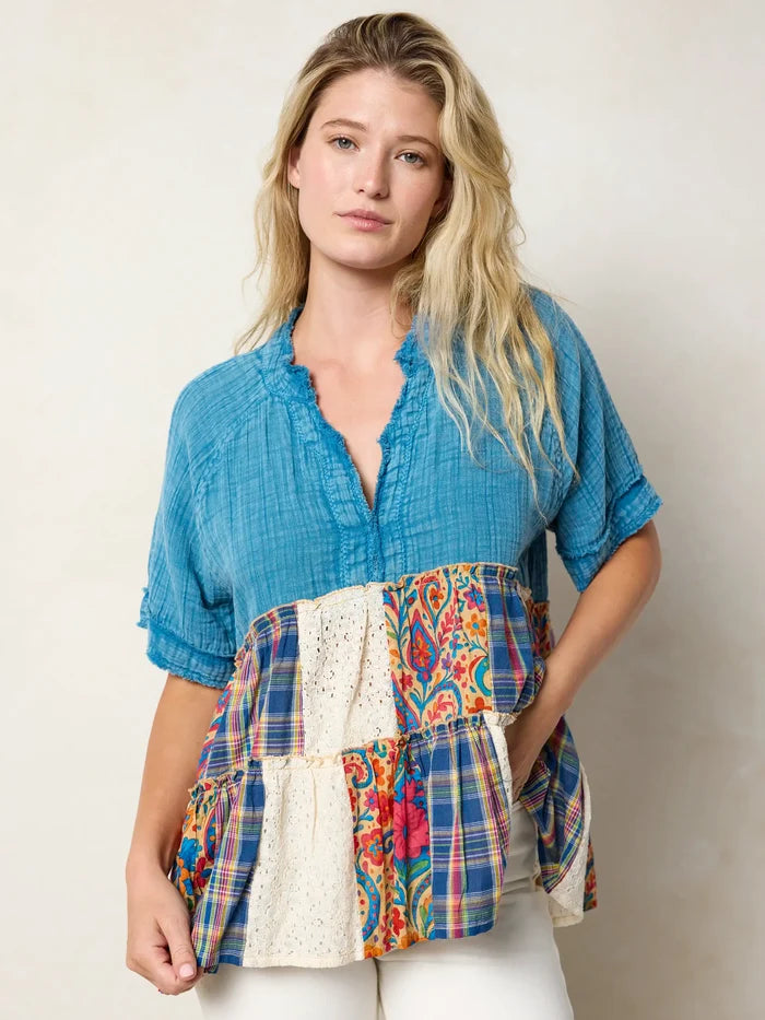 Ani Patchwork Top - Plaid Blue Fuchsia-view 1