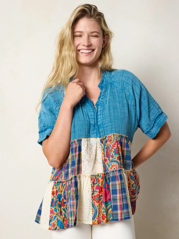Ani Patchwork Top - Plaid Blue Fuchsia-view 3