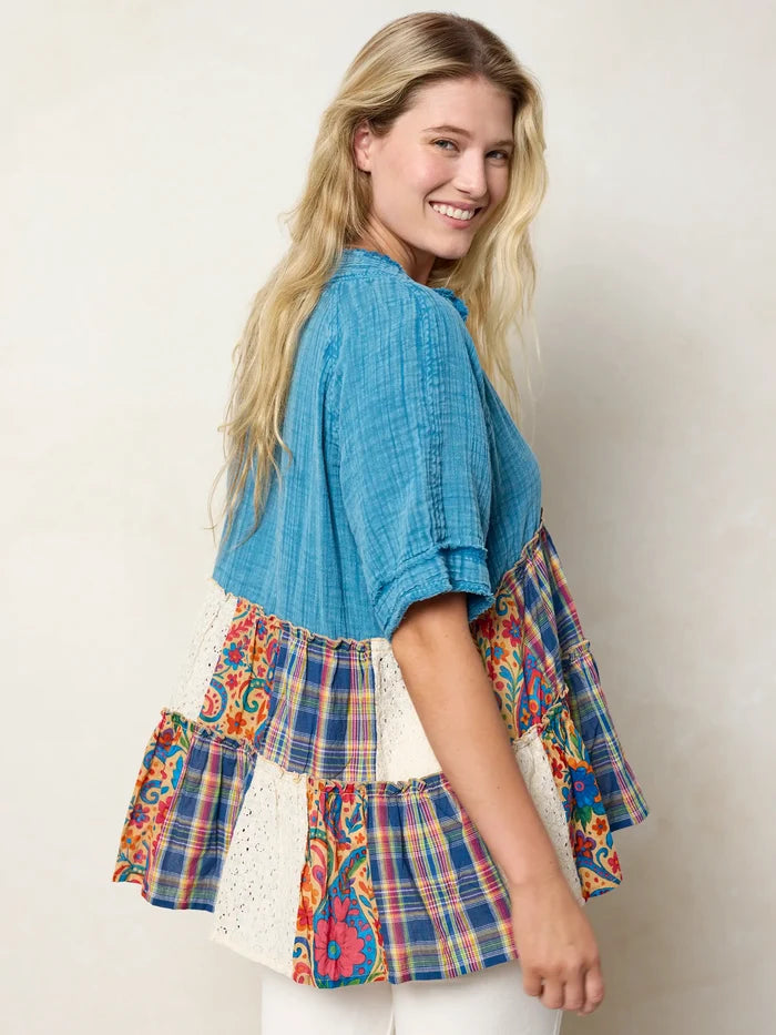 Ani Patchwork Top - Plaid Blue Fuchsia-view 4