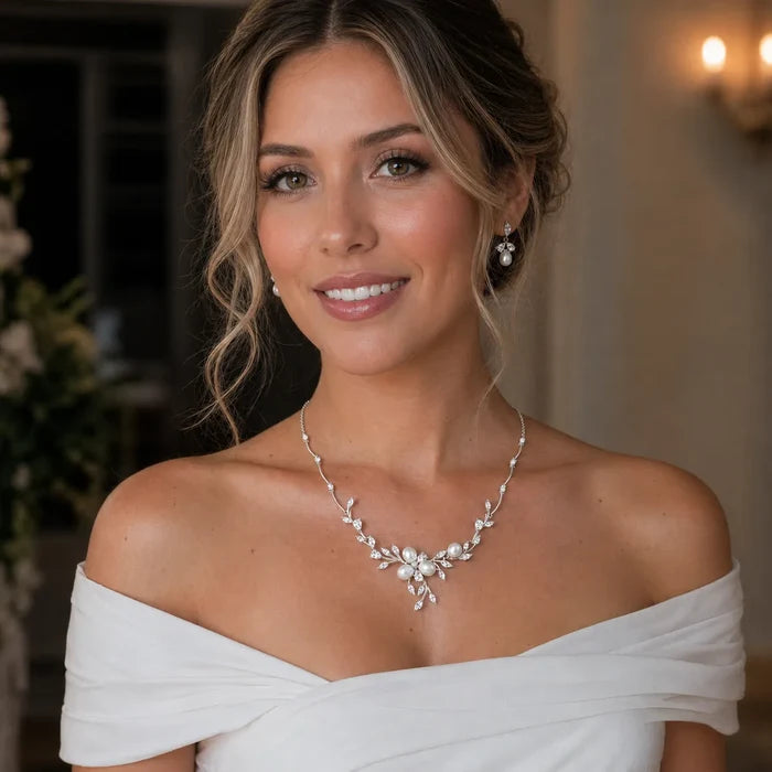 Wedding Jewelry - Freshwater Pearl and Cubic Zirconia Bridal Jewelry Set - Available in Silver, Rose Gold and Yellow Gold
