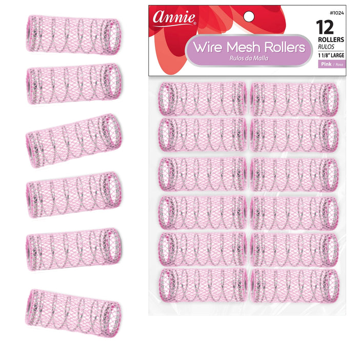 Annie Wire Mesh Hair Rollers 1 1/8 Inch Large, 12 Count, Pink