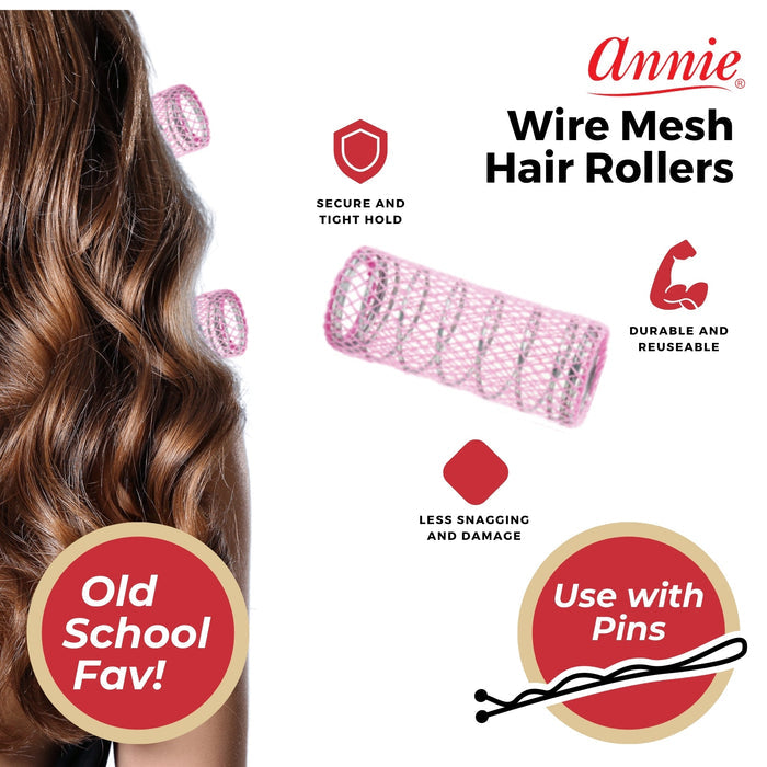 Annie Wire Mesh Hair Rollers 1 1/8 Inch Large, 12 Count, Pink