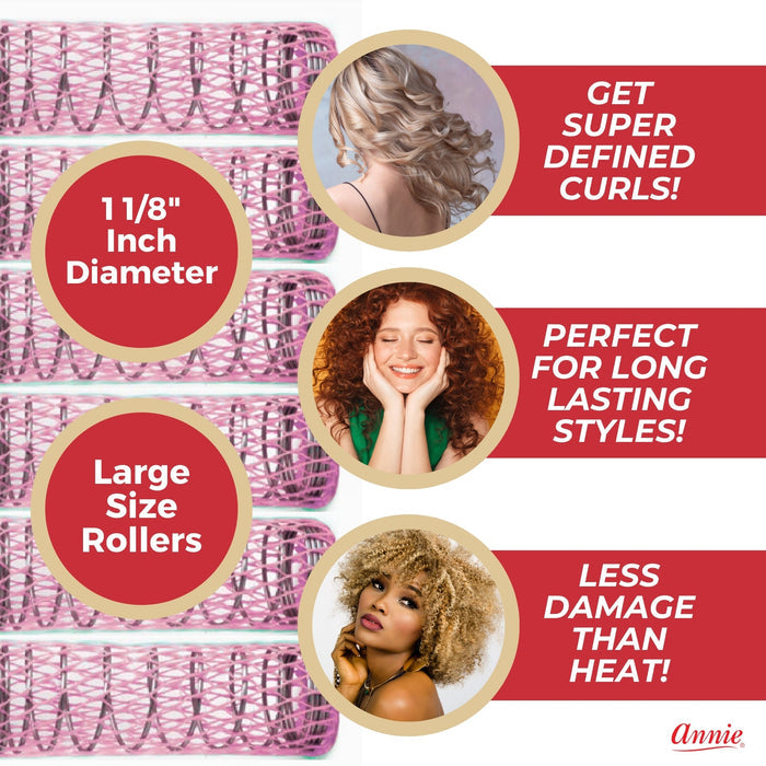 Annie Wire Mesh Hair Rollers 1 1/8 Inch Large, 12 Count, Pink