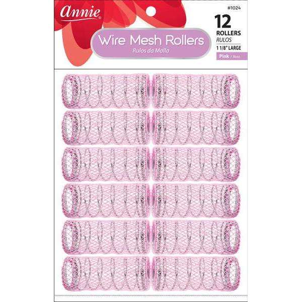 Annie Wire Mesh Hair Rollers 1 1/8 Inch Large, 12 Count, Pink