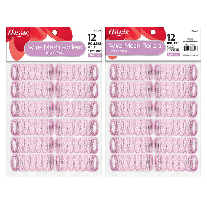 Annie Wire Mesh Hair Rollers 1 1/8 Inch Large, 12 Count, Pink