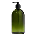Green apothecary glass bottle with a pump dispenser.