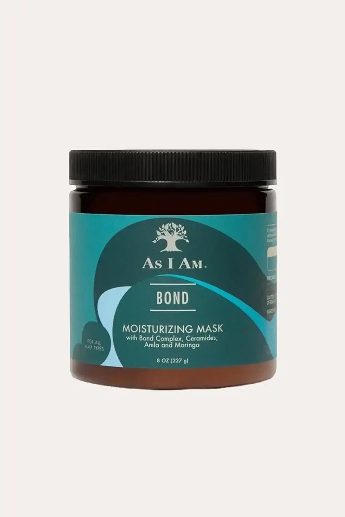 As I Am Bond Moisturizing Mask jar (8 oz), an intensive repair treatment designed to restore strength and elasticity to damaged hair.