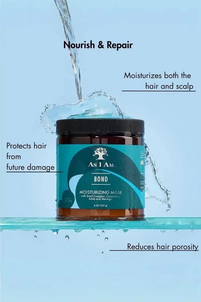 As I Am Bond Hair Mask under a water stream, highlighting its ability to moisturize hair and scalp while protecting from future damage.
