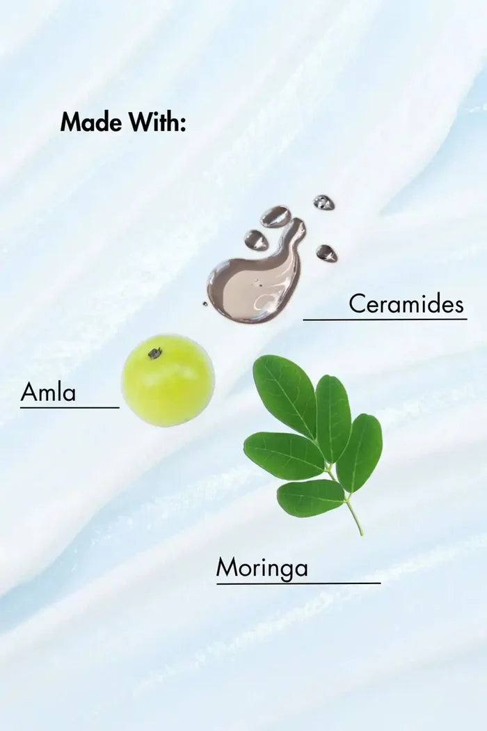 Infographic showing key ingredients of the Bond Hair Mask: Ceramides to lock in moisture, Amla for scalp health, and Moringa for nourishment.