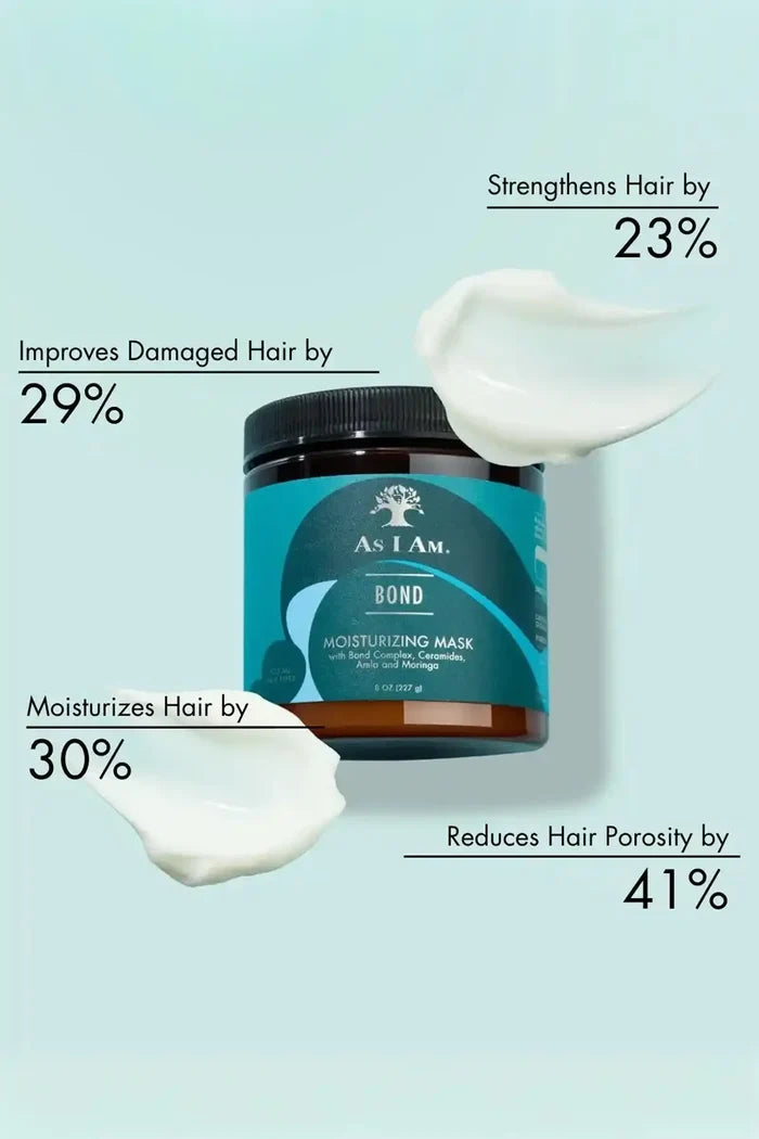 Performance stats for As I Am Bond Mask: Strengthens hair by 23%, improves damaged hair by 29%, and reduces porosity by 41%.