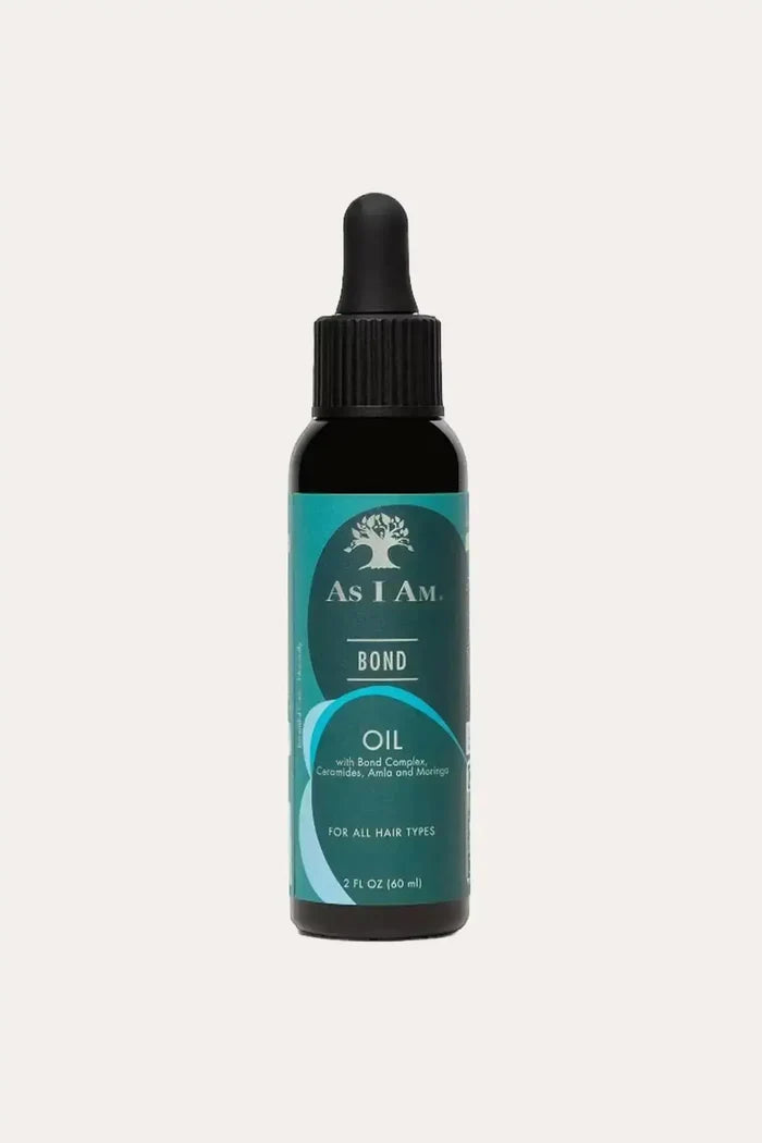 Front view of As I Am Bond Oil (2 fl oz), a lightweight treatment designed to repair hair bonds and add lasting shine.