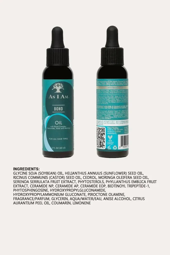 Full ingredients list of As I Am Bond Oil featuring Soybean Oil, Castor Oil, and Moringa, free from sulfates and silicones.