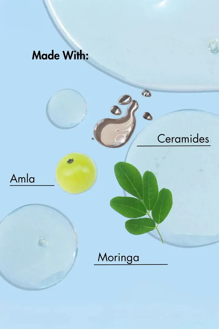 Infographic of Bond Oil ingredients: Ceramides to protect hair structure, Amla for vitality, and Moringa for moisture and softness.