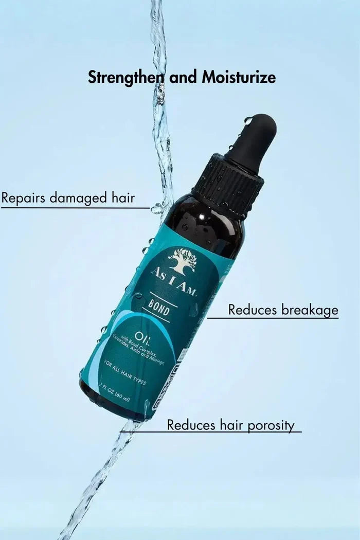 As I Am Bond Oil bottle under running water, summarizing its benefits: reduces breakage, repairs damaged hair, and reduces hair porosity.