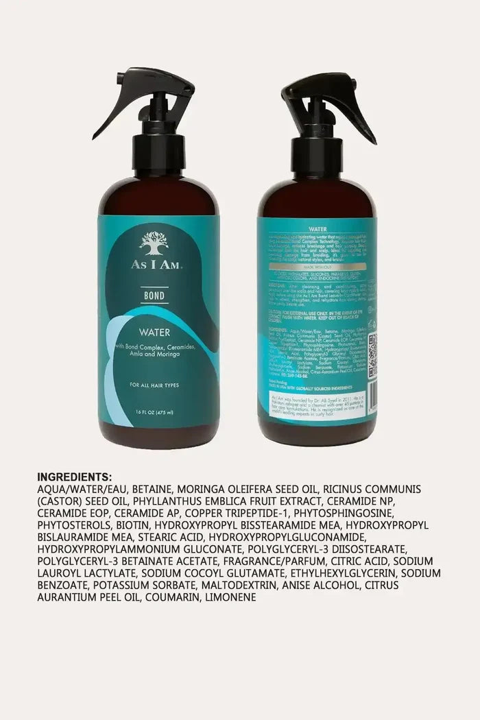 Full ingredients list for As I Am Bond Water, featuring Moringa, Amla, and Ceramides to repair and protect the hair barrier.