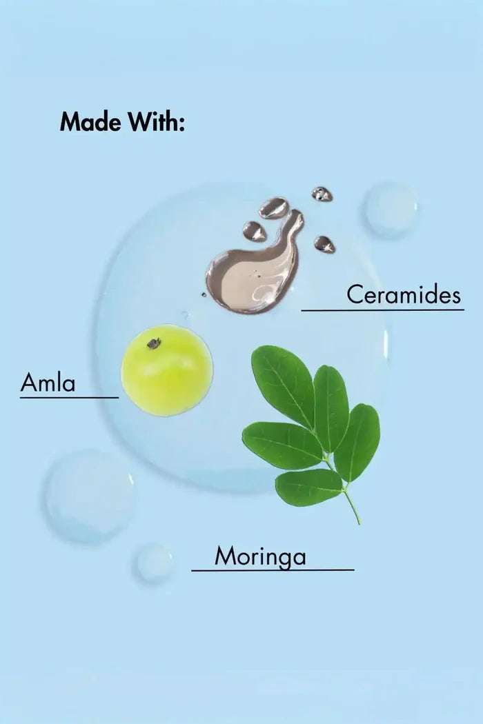 Infographic highlighting Bond Water ingredients: Ceramides for barrier repair, Amla for strength, and Moringa for nourishment.