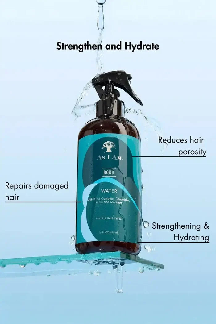 As I Am Bond Water bottle under running water, showing its ability to repair damaged hair and reduce hair porosity.