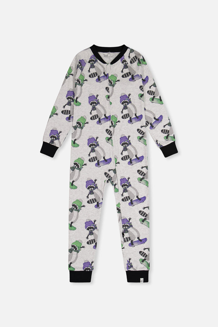Baby Organic Cotton One Piece Pajama Beige Raccoon Print-0