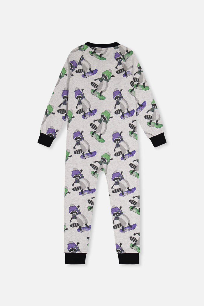 Baby Organic Cotton One Piece Pajama Beige Raccoon Print-1