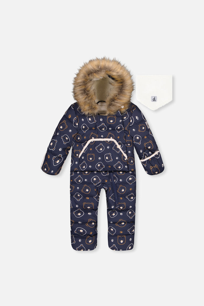 Baby Snug One Piece Snowsuit Adapted For Car Seats Blue Printed Teddy Bears-0