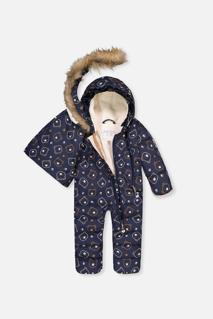 Baby Snug One Piece Snowsuit Adapted For Car Seats Blue Printed Teddy Bears-2