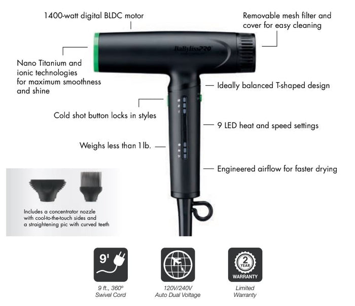 BaBylissPRO Professional  TOMB45 Nano Ionic Dryer # BNTC9200T45 - Palms Fashion Inc.