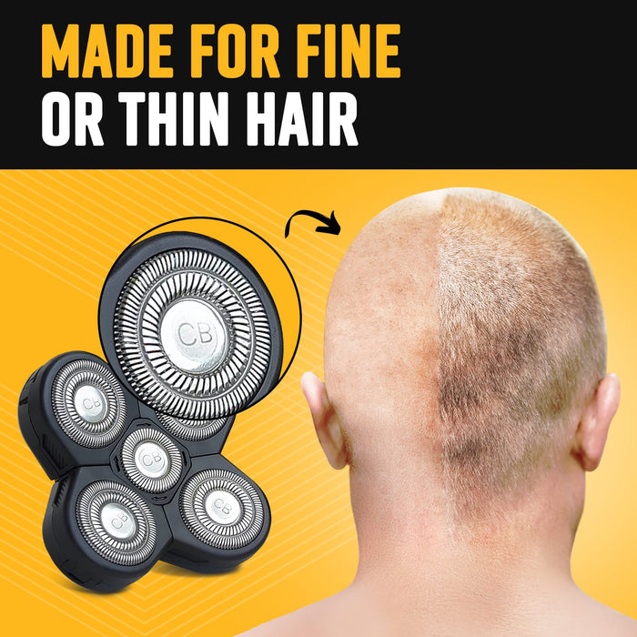 The Cut Buddy 5-head rotary shaver demonstrating effective results on a man with fine or thin hair.