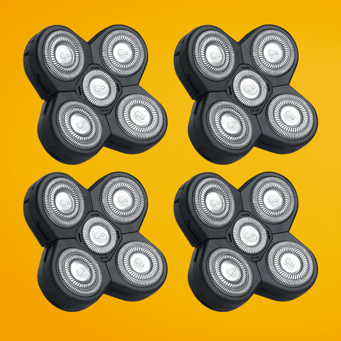 A value 4 pack of replacement 5-blade rotary shaving heads for The Cut Buddy Bald Buddy shaver, specifically designed for coarse and curly hair.