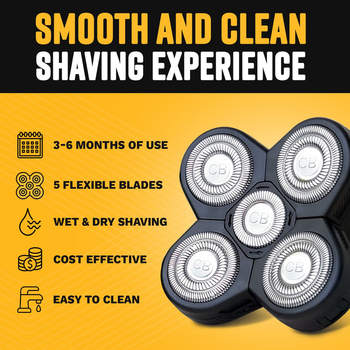 Product features for the 5-blade rotary shaver including wet and dry shaving, easy cleaning, and 3-6 months of use.