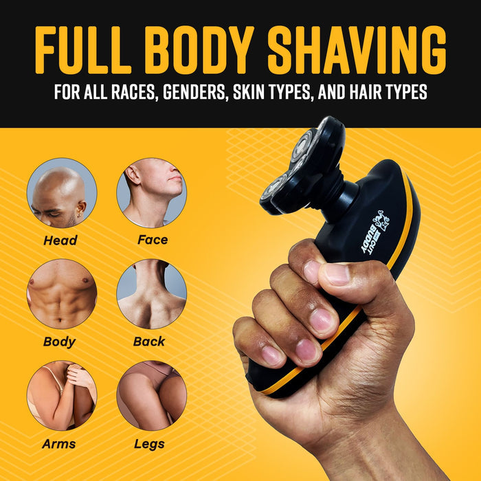 The Cut Buddy rotary shaver application zones including head, face, body, back, arms, and legs.
