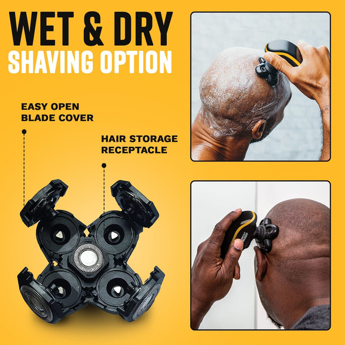 Multi-panel graphic showing wet and dry shaving options with callouts for the easy-open blade cover and hair storage receptacle