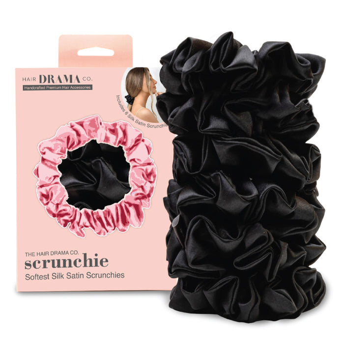 Black Silk Satin Scrunchies  - Set of 6