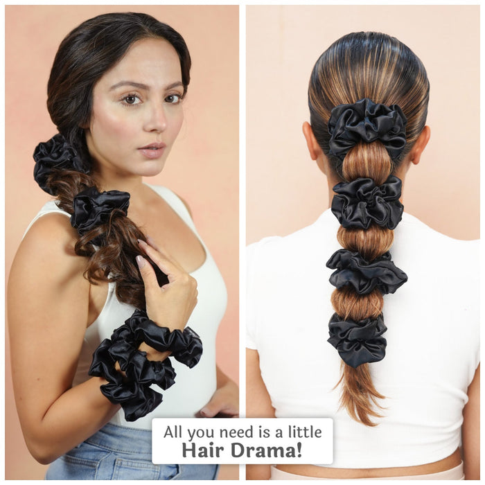 Black Silk Satin Scrunchies  - Set of 6