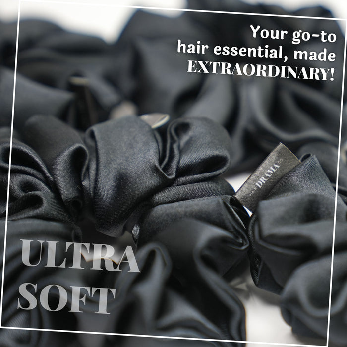 Black Silk Satin Scrunchies  - Set of 6