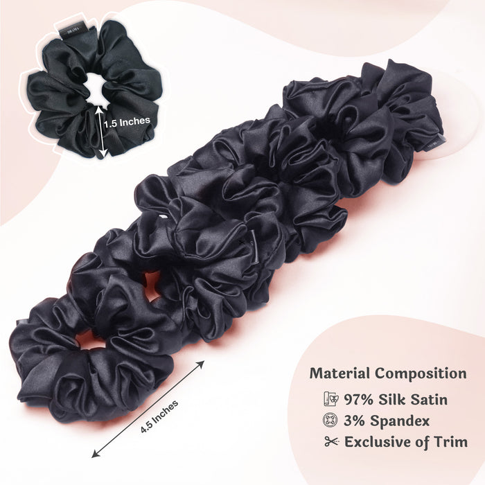 Black Silk Satin Scrunchies  - Set of 6