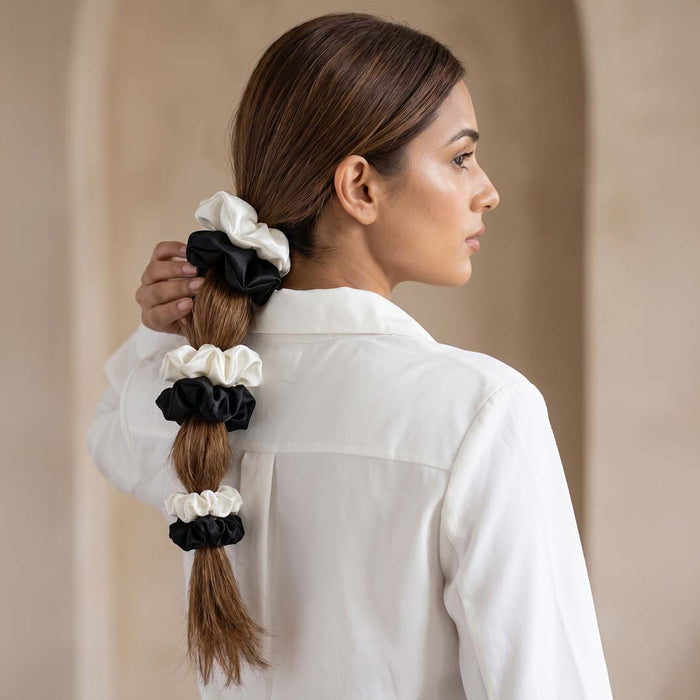 Black & White Silk Satin Scrunchies  - Set of 6
