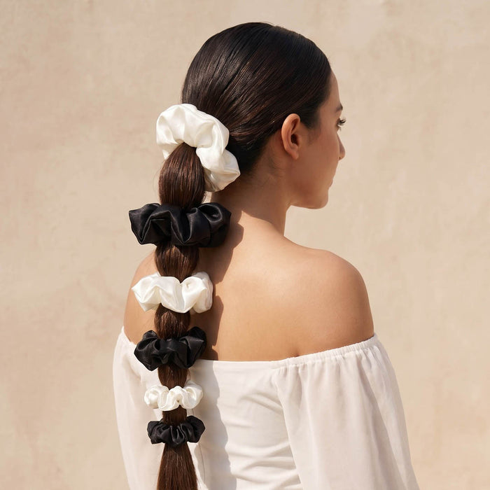 Black & White Silk Satin Scrunchies  - Set of 6