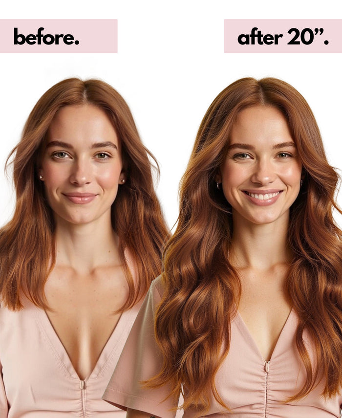 Before and after hair extensions comparison of a woman with long, wavy hair.